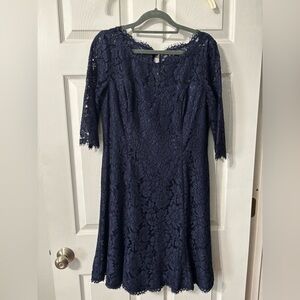 Eliza J Navy Blue Floral Lace scalloped neckline Fit & Flare Dress 10 Cocktail